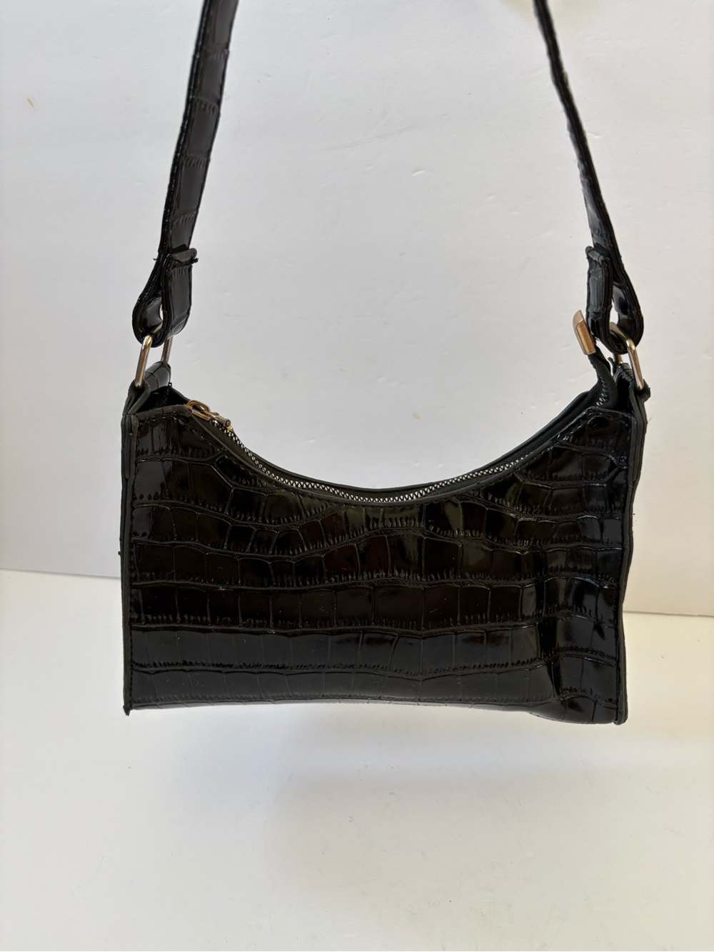 Black Faux Patent Crocodile Embossed Leather Baguette Bag Purse Baddie Party - Picture 3 of 8